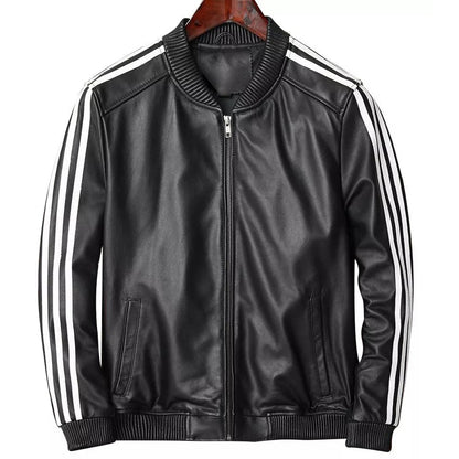 Men’s Lamb Leather Bomber Jacket – White Stripe Sleeve, Stretch Fit