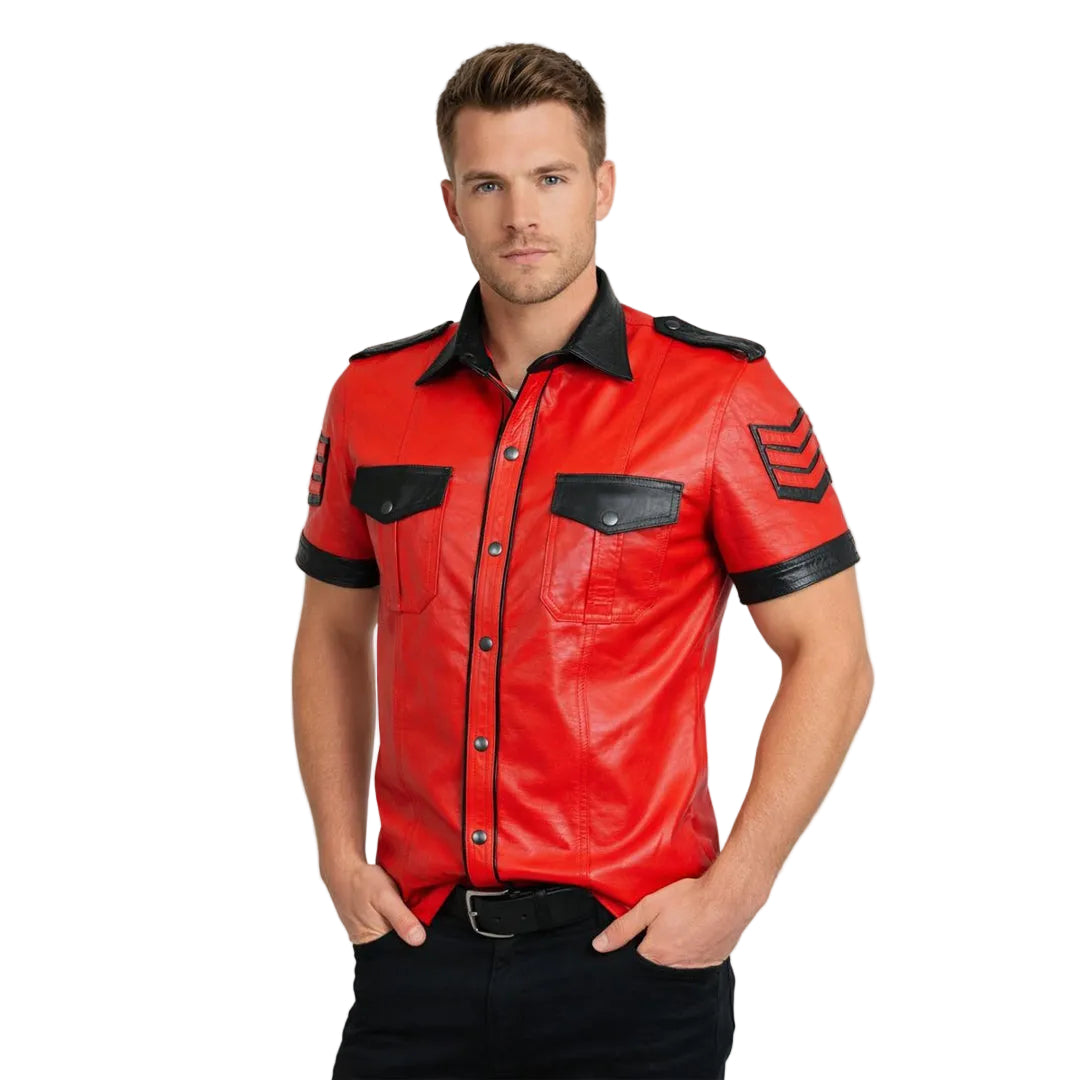 Men's Lamb Leather Police Style Shirt with Quilted Panels