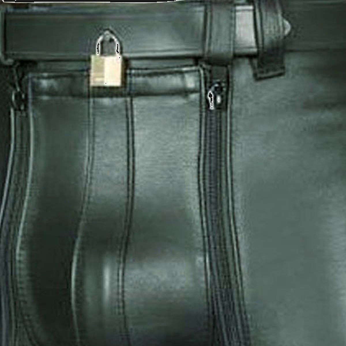 Men's black leather locking chastity shorts front pouch detail, waist padlock and front zip, real product photo