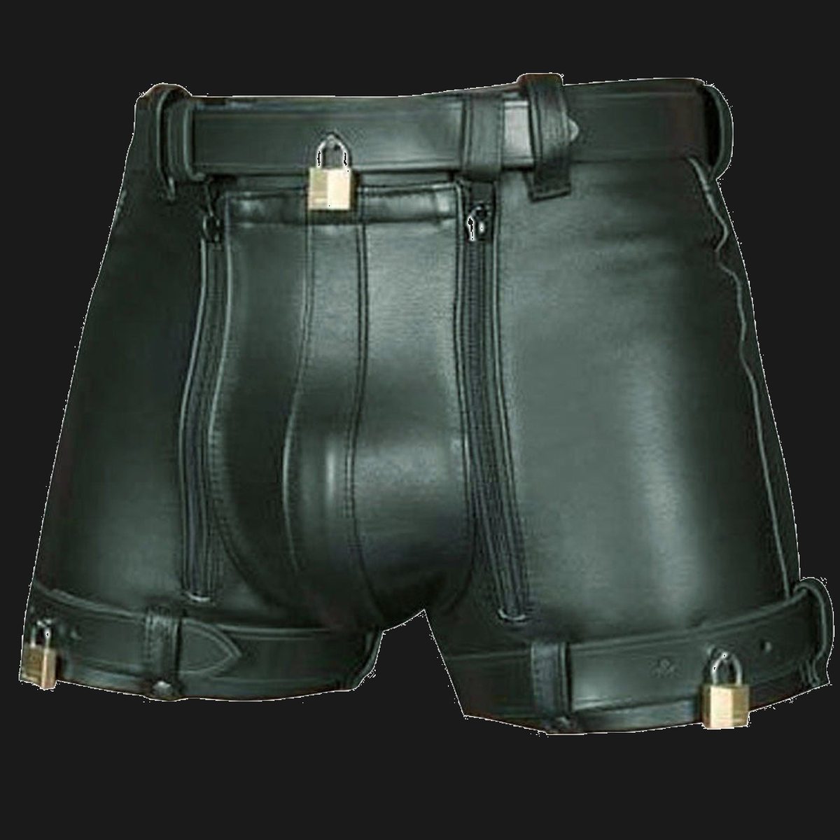 Men's black leather locking chastity shorts front view on dark background, waist padlock, front zips, pouch and thigh padlocks