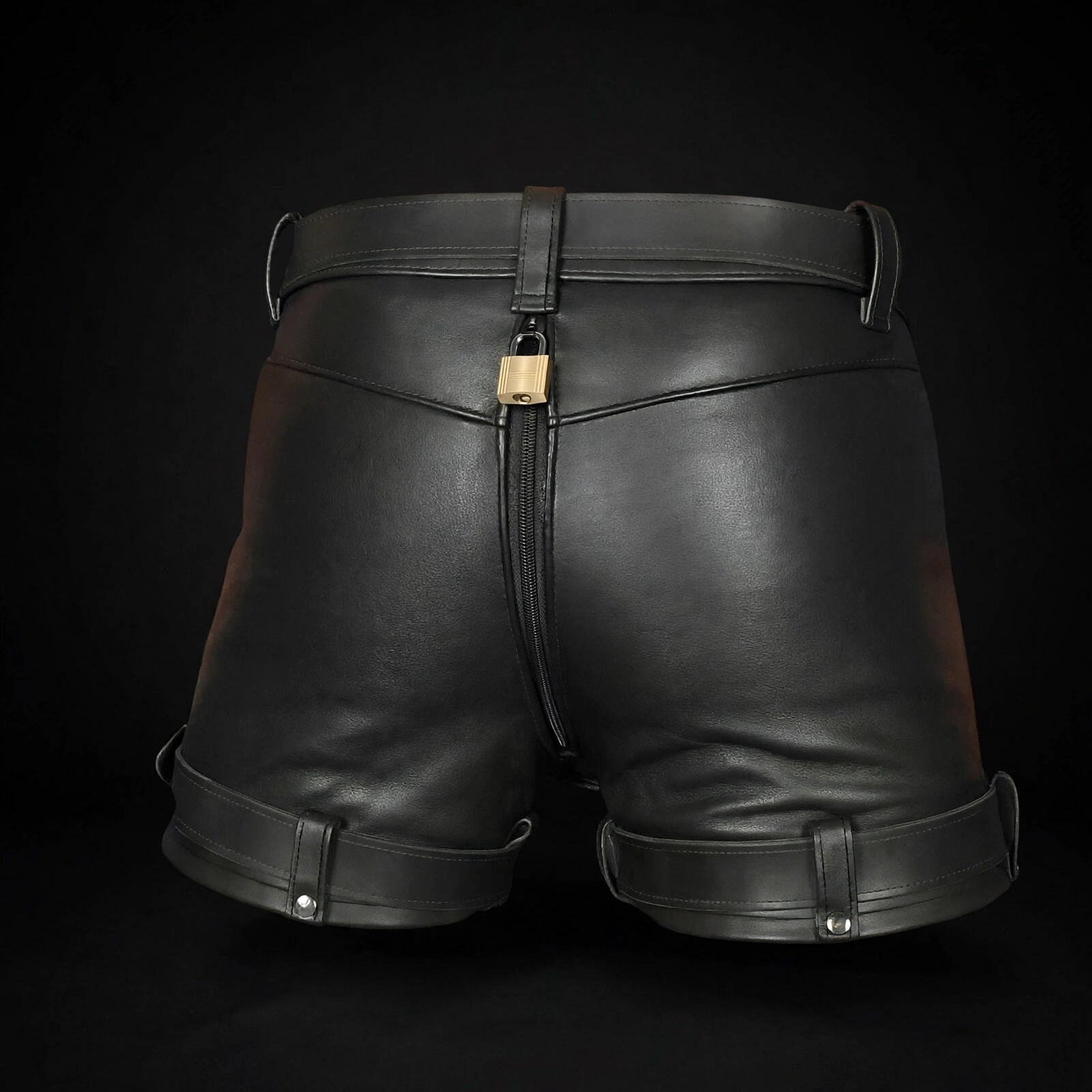 Men's black leather locking chastity shorts back view on dark background, rear zip closed with gold padlock, thigh belts at hem