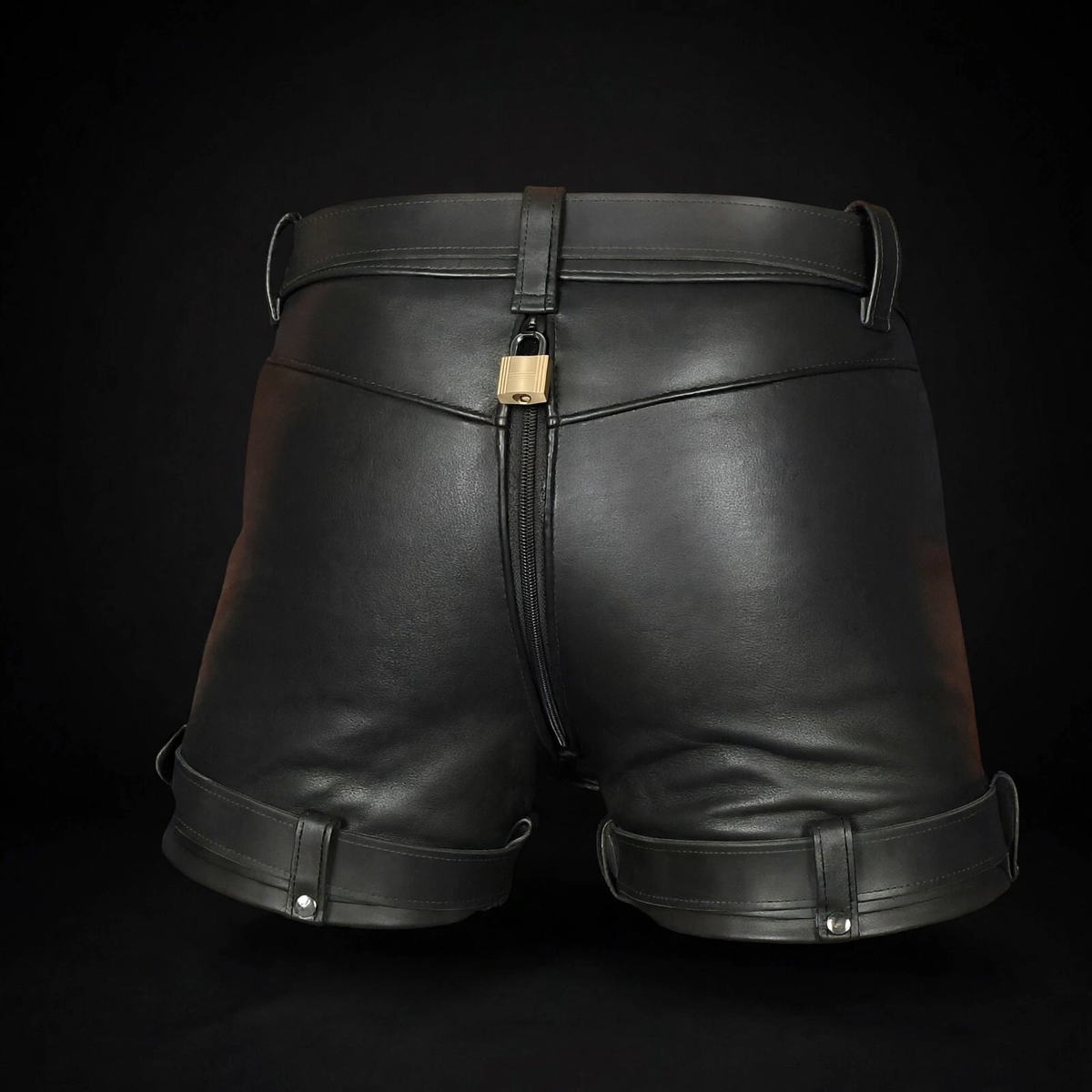 Men's black leather locking chastity shorts back view on dark background, rear zip closed with gold padlock, thigh belts at hem