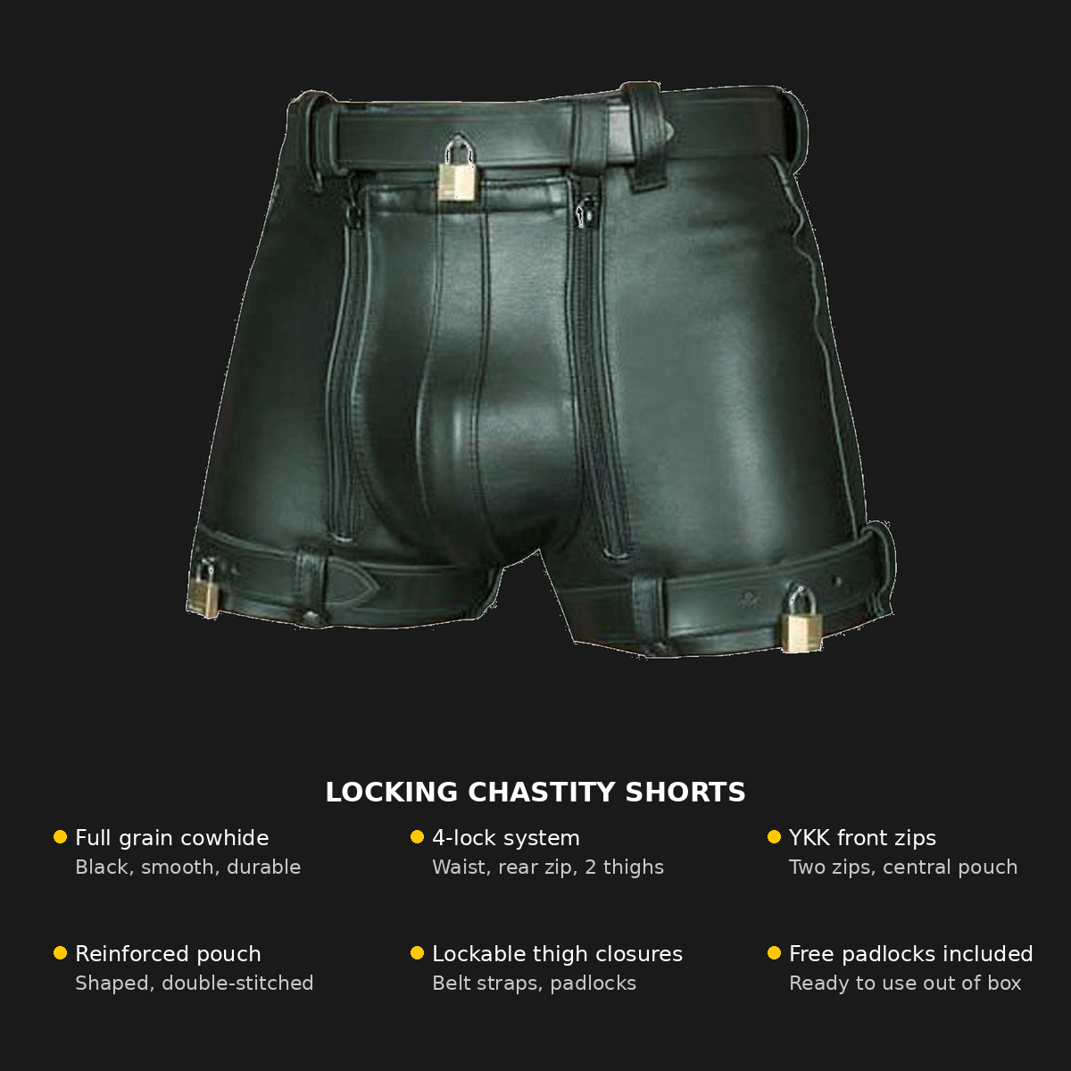Locking chastity shorts infographic: full grain cowhide, 4-lock system, YKK front zips, reinforced pouch, lockable thigh closures, free padlocks