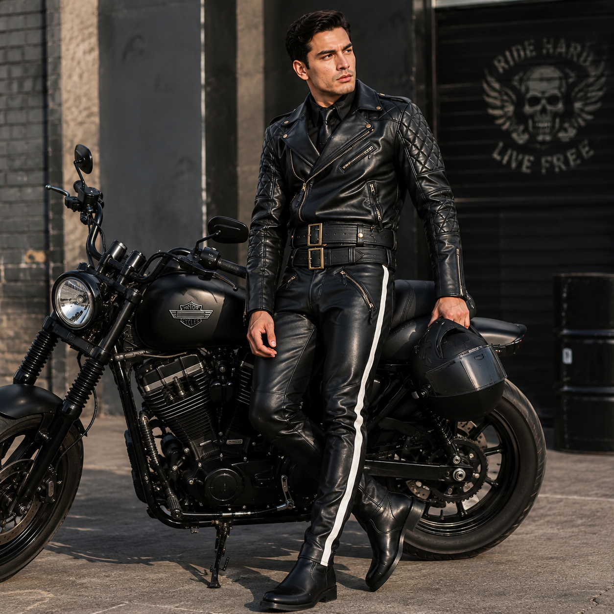 Man wearing black leather biker jacket and pants leaning on motorcycle in garage