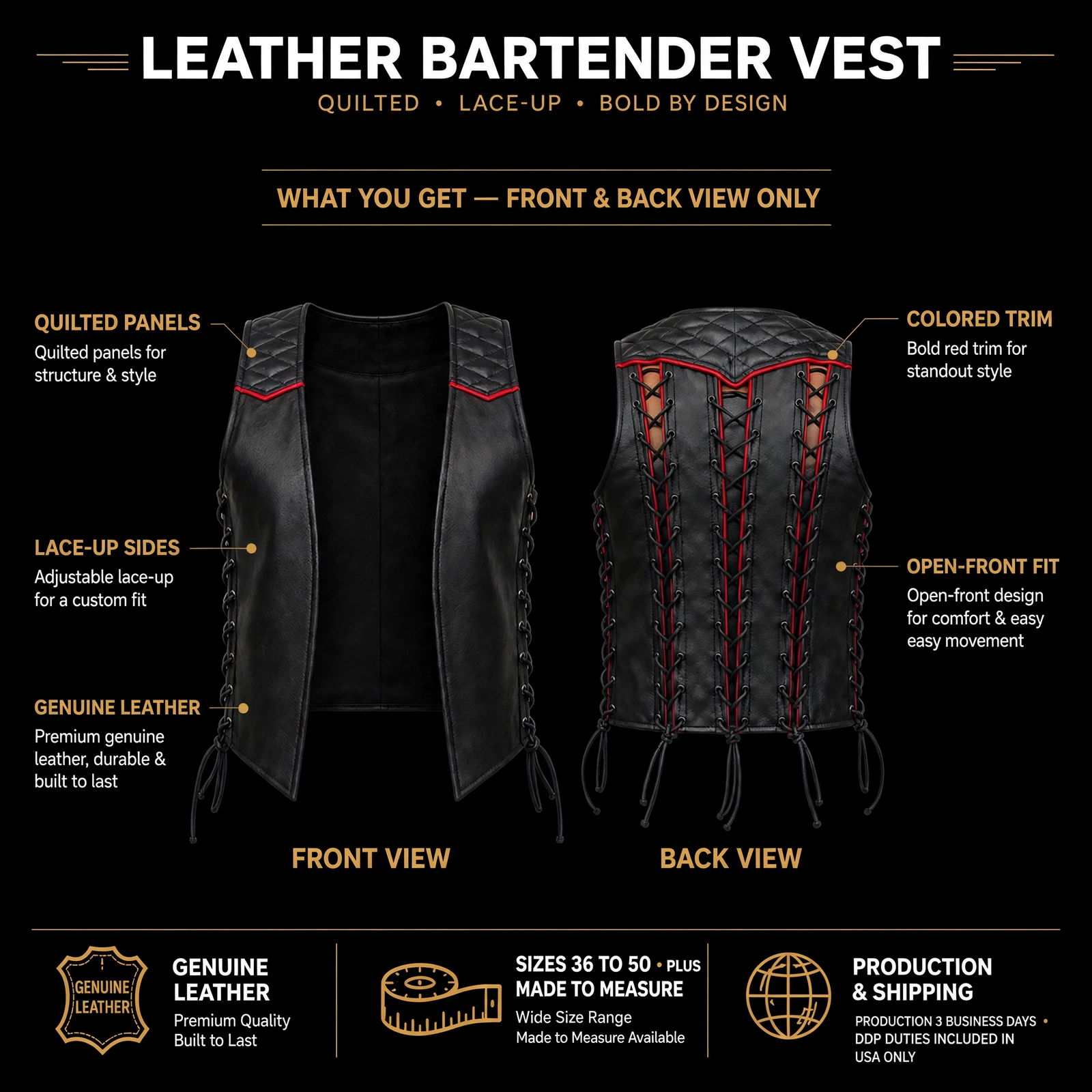 Quilted leather bartender vest infographic with feature callouts, sizes 36 to 50 plus Made to Measure, production 3 business days, DDP duties included in USA only