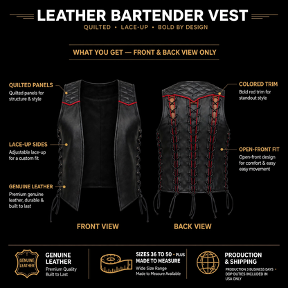 Quilted leather bartender vest infographic with feature callouts, sizes 36 to 50 plus Made to Measure, production 3 business days, DDP duties included in USA only