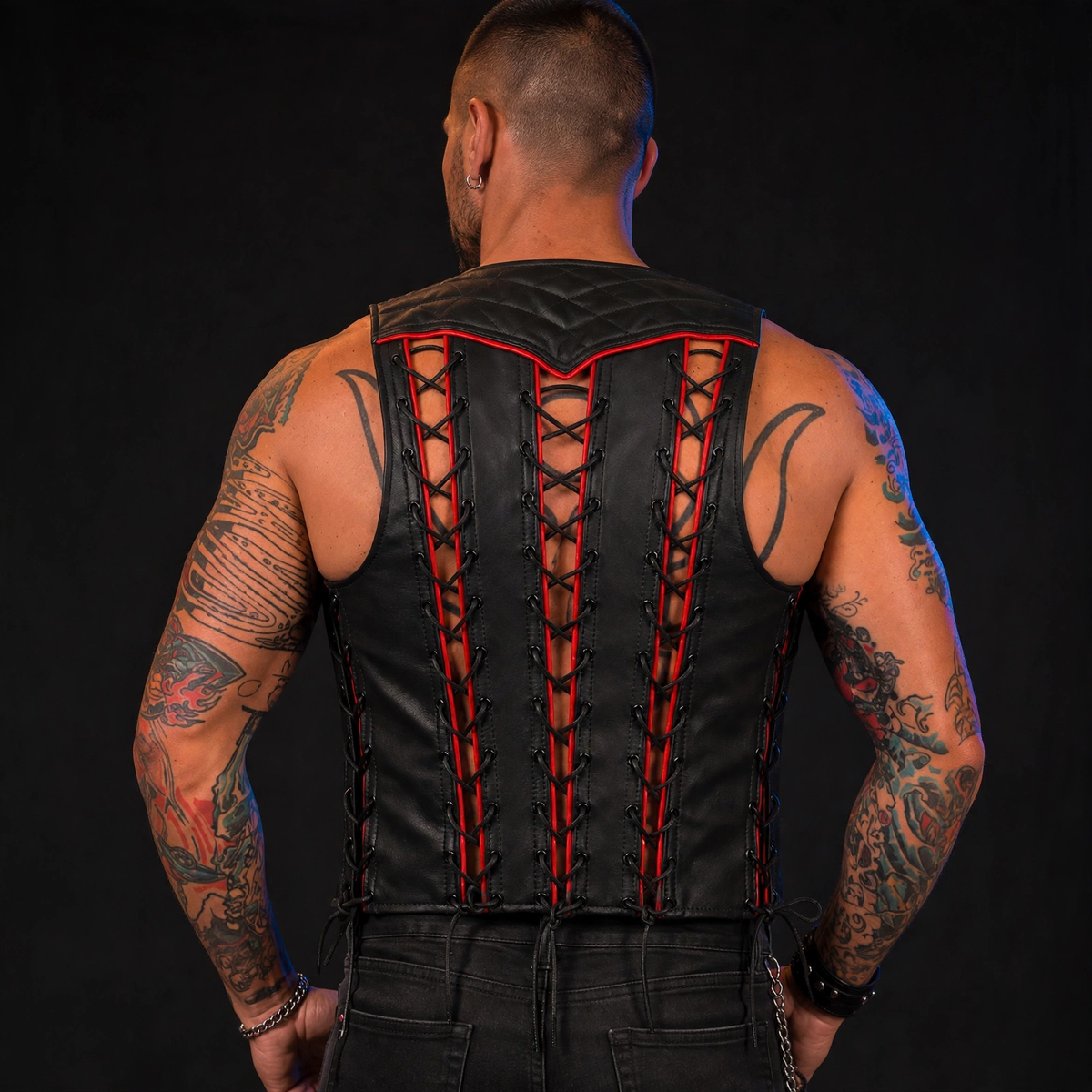 Quilted leather bartender vest worn by model, back view with lace-up panels, seamless dark studio background
