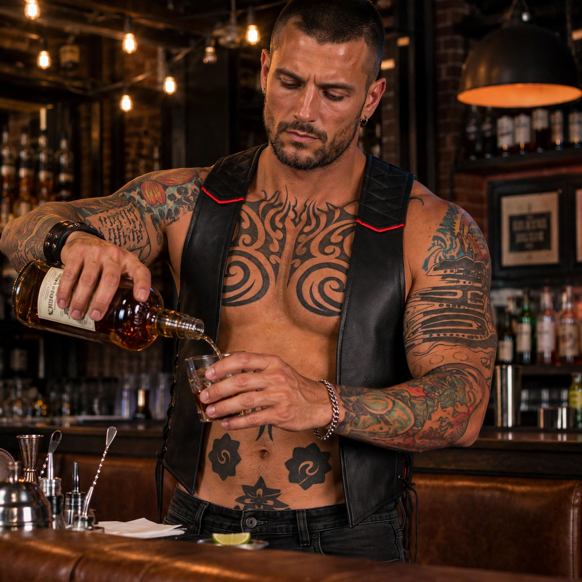 Muscular tattooed bartender wearing quilted leather bartender vest working behind a leather bar, pouring a drink