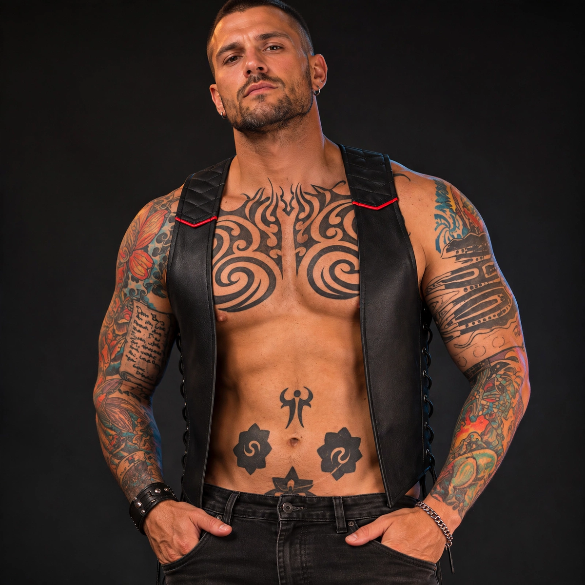 Quilted leather bartender vest worn by model, front view, seamless dark studio background