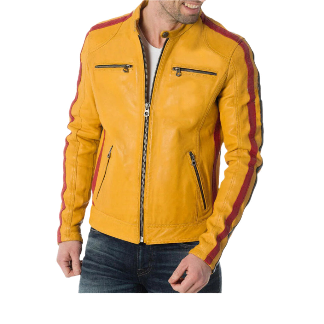 Men’s Yellow Cowhide Leather Biker Jacket – Red & Black Striped Motorcycle Style