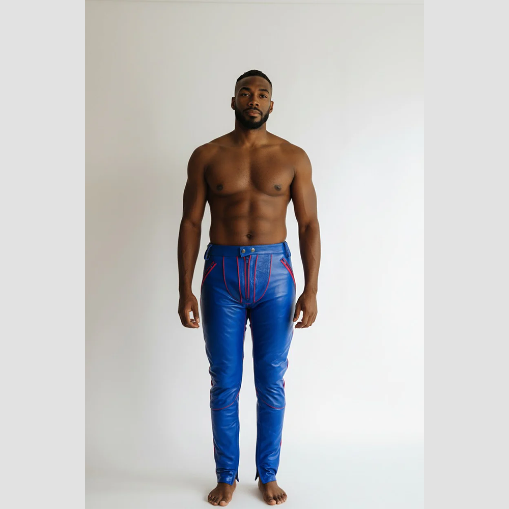 Men’s BLUF Blue Cowhide Leather Biker Pants with Red Piping
