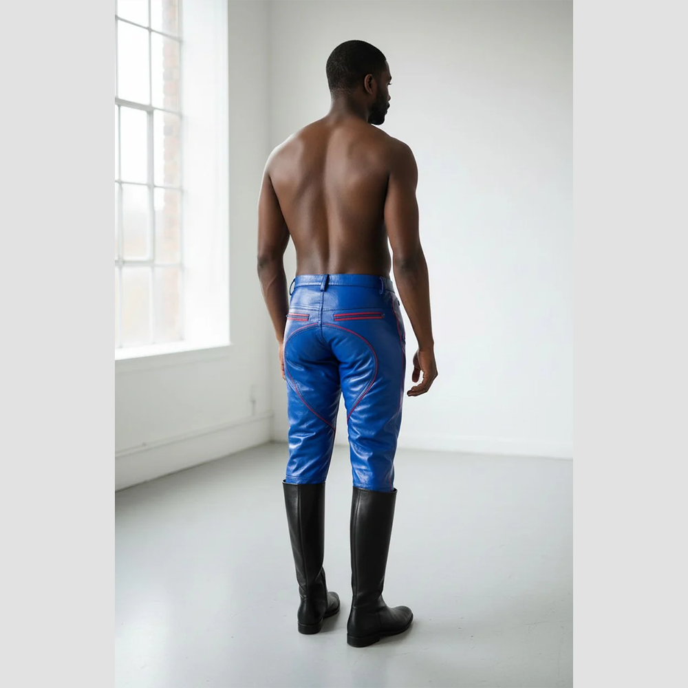 Men’s BLUF Blue Cowhide Leather Biker Pants with Red Piping
