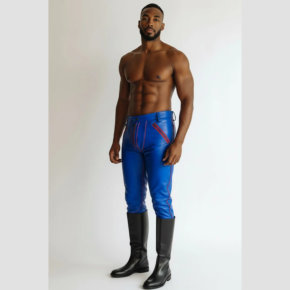 Men’s BLUF Blue Cowhide Leather Biker Pants with Red Piping