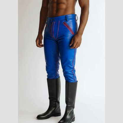 Men’s BLUF Blue Cowhide Leather Biker Pants with Red Piping