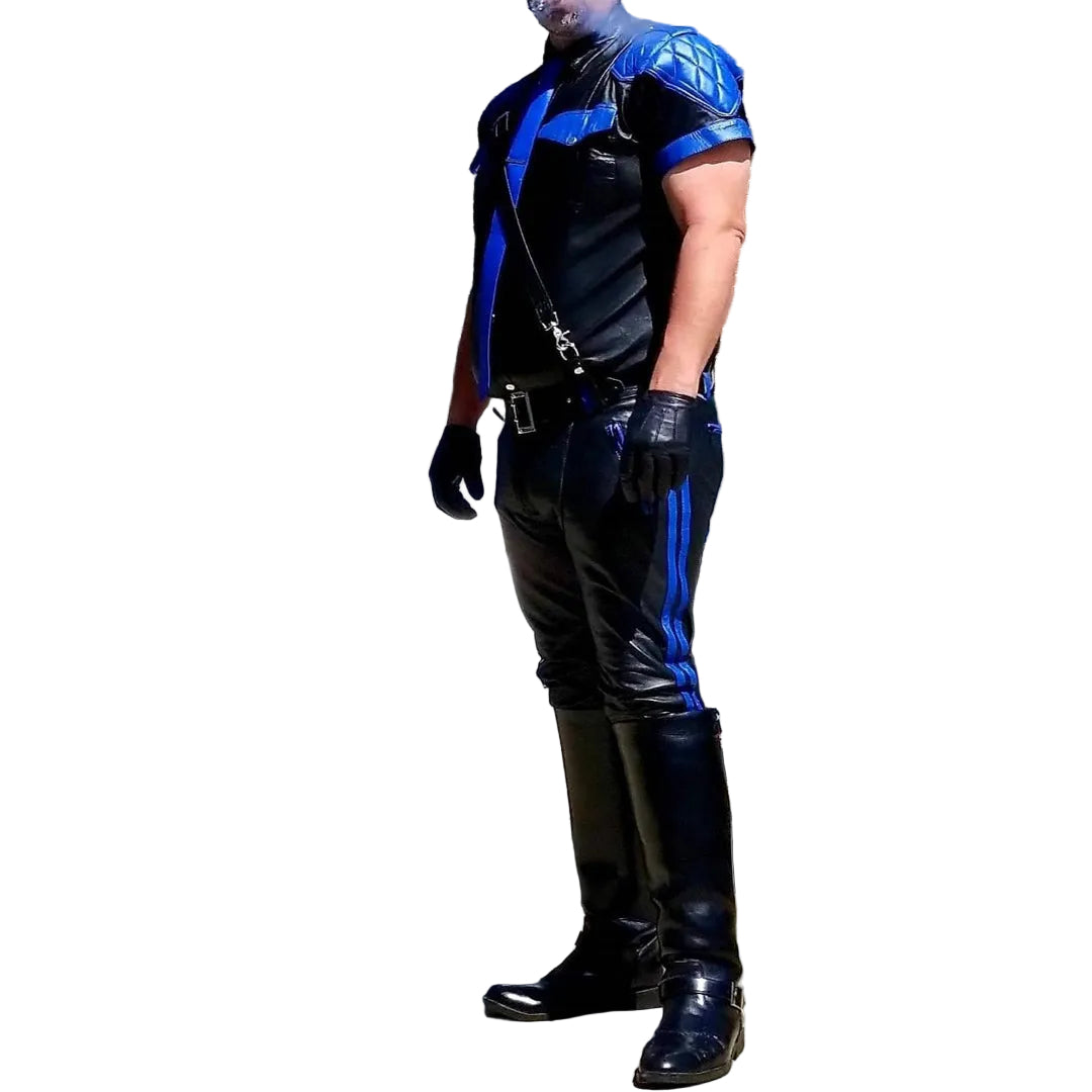 Men's Real Leather Police Shirt & Quilted Pants Set – Royal Blue & Black
