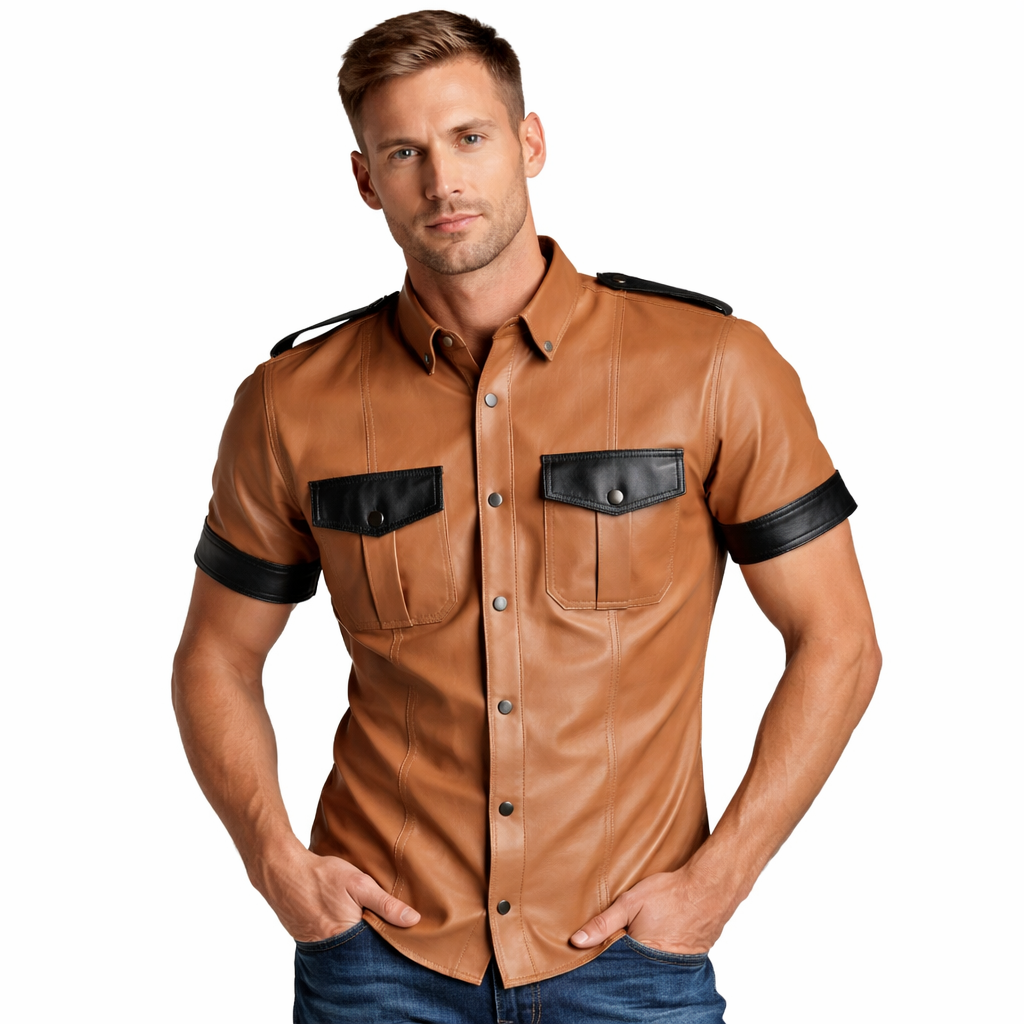Men’s Tan Lamb Leather Police Shirt – Short Sleeve with Black Trim