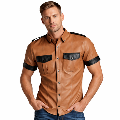 Men’s Tan Lamb Leather Police Shirt – Short Sleeve with Black Trim