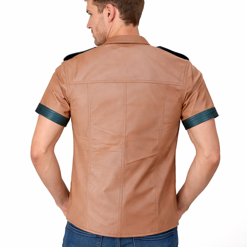 Men’s Tan Lamb Leather Police Shirt – Short Sleeve with Black Trim
