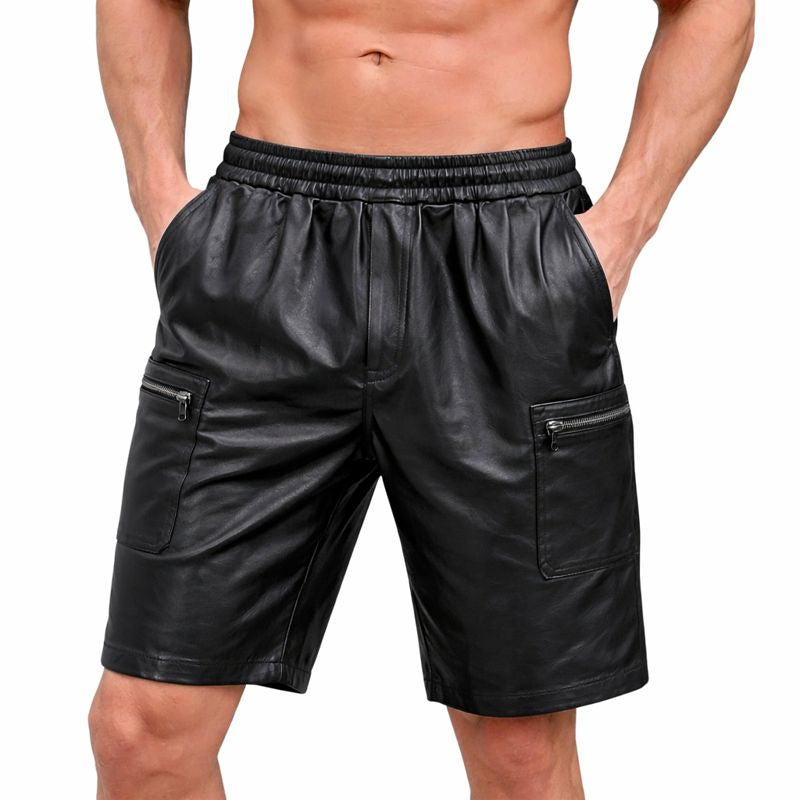 Men's Lamb Leather Shorts with Elastic Waist & Zipped Pockets – 5 Color Options