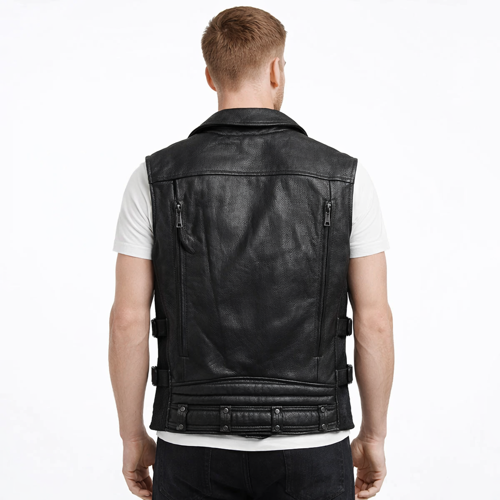 Men’s Quilted Cowhide Leather Biker Vest with Stretch Panels