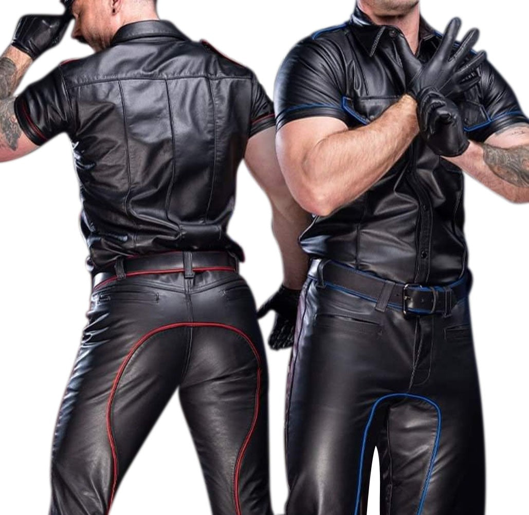 Men’s BLUF Leather Uniform with Contrast Piping – Police Shirt & Pants Set