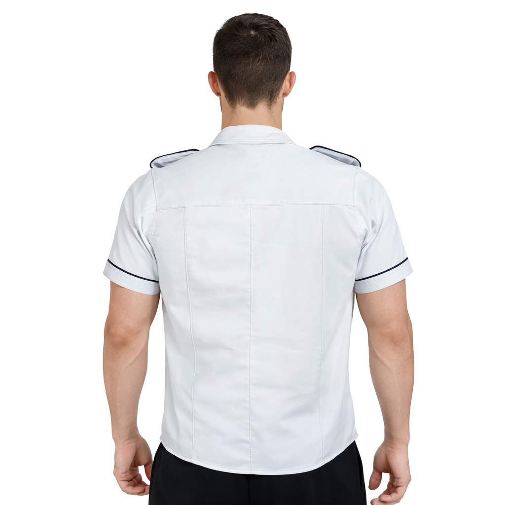 Men's White Lamb Leather Police Shirt – Short Sleeves with Black Piping