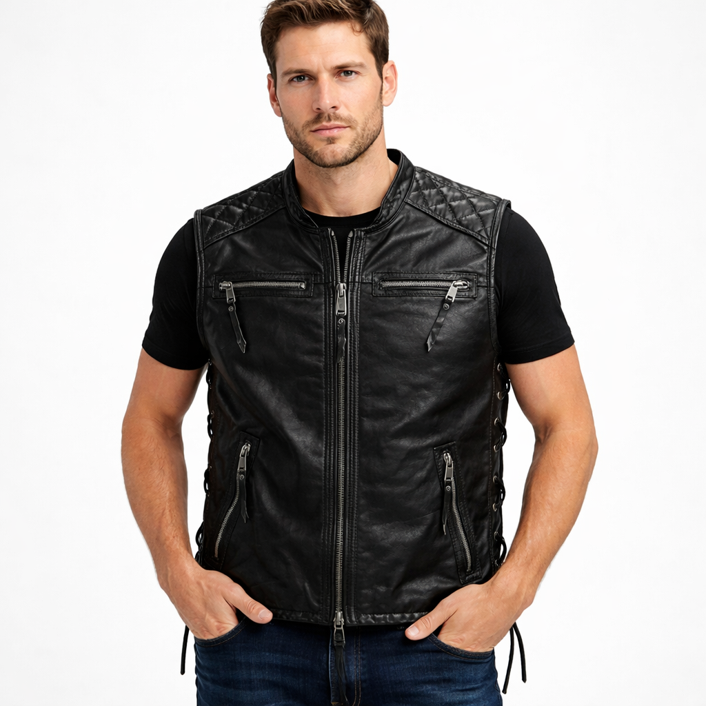 Men's Quilted Cowhide Leather Biker Vest with Side Laces