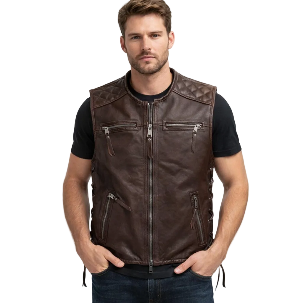 Men's Quilted Cowhide Leather Biker Vest with Side Laces