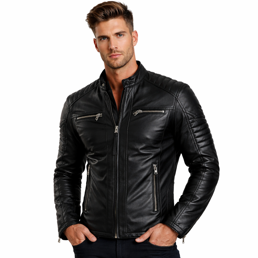 Men’s Cowhide Café Racer Jacket – Quilted Leather Biker Style