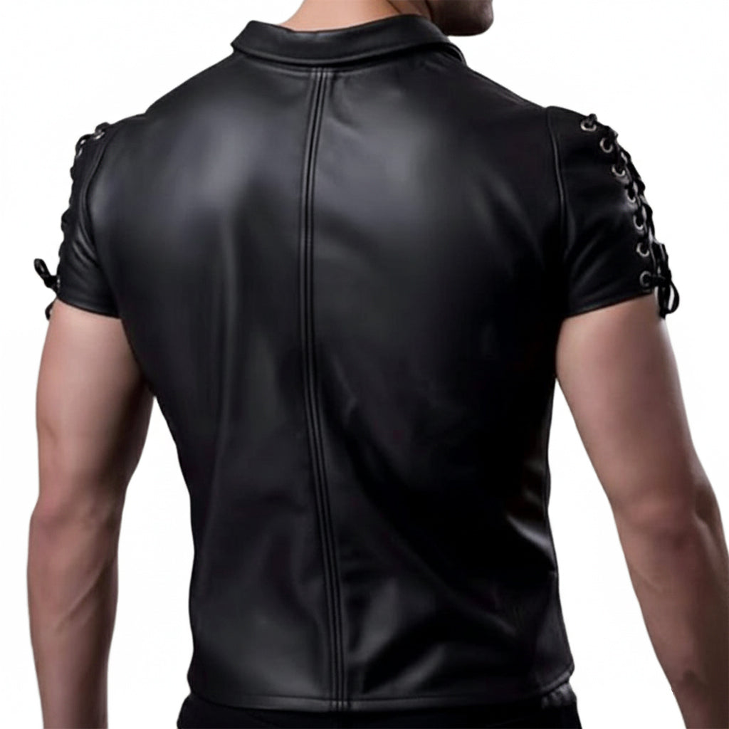 Men’s Real Leather Lace-Up Short Sleeve Shirt – Sexy Clubwear Style