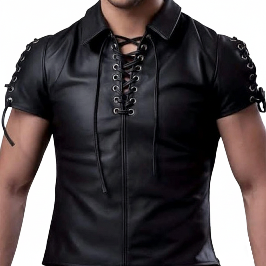 Men’s Real Leather Lace-Up Short Sleeve Shirt – Sexy Clubwear Style