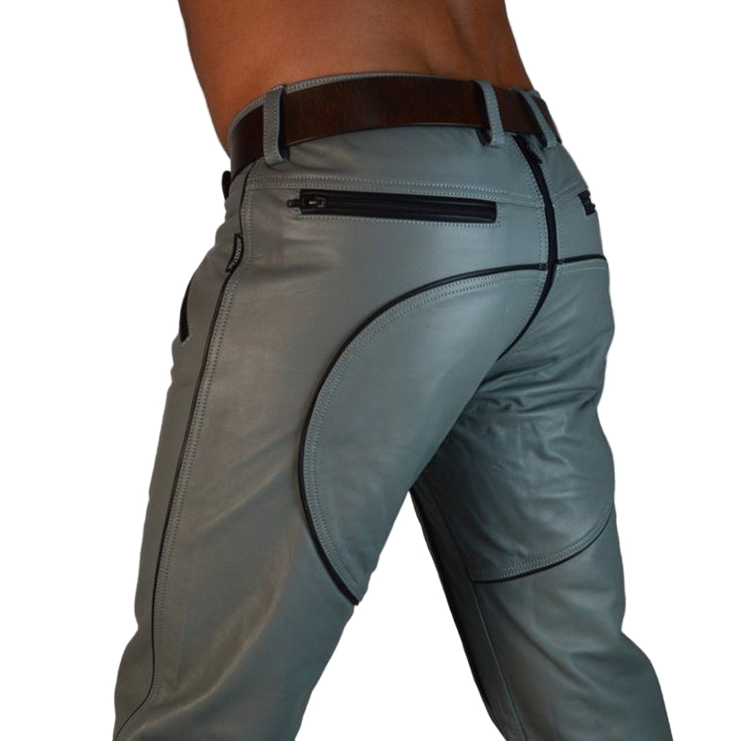 Men’s Real Leather Police Outfit – Grey & Black Leather Shirt and Pants Set