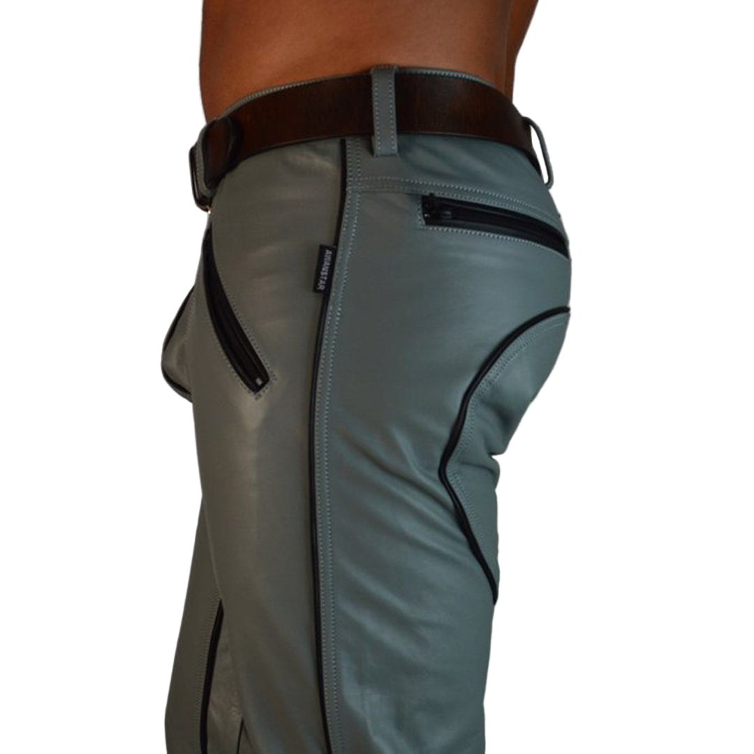 Men’s Real Leather Police Outfit – Grey & Black Leather Shirt and Pants Set