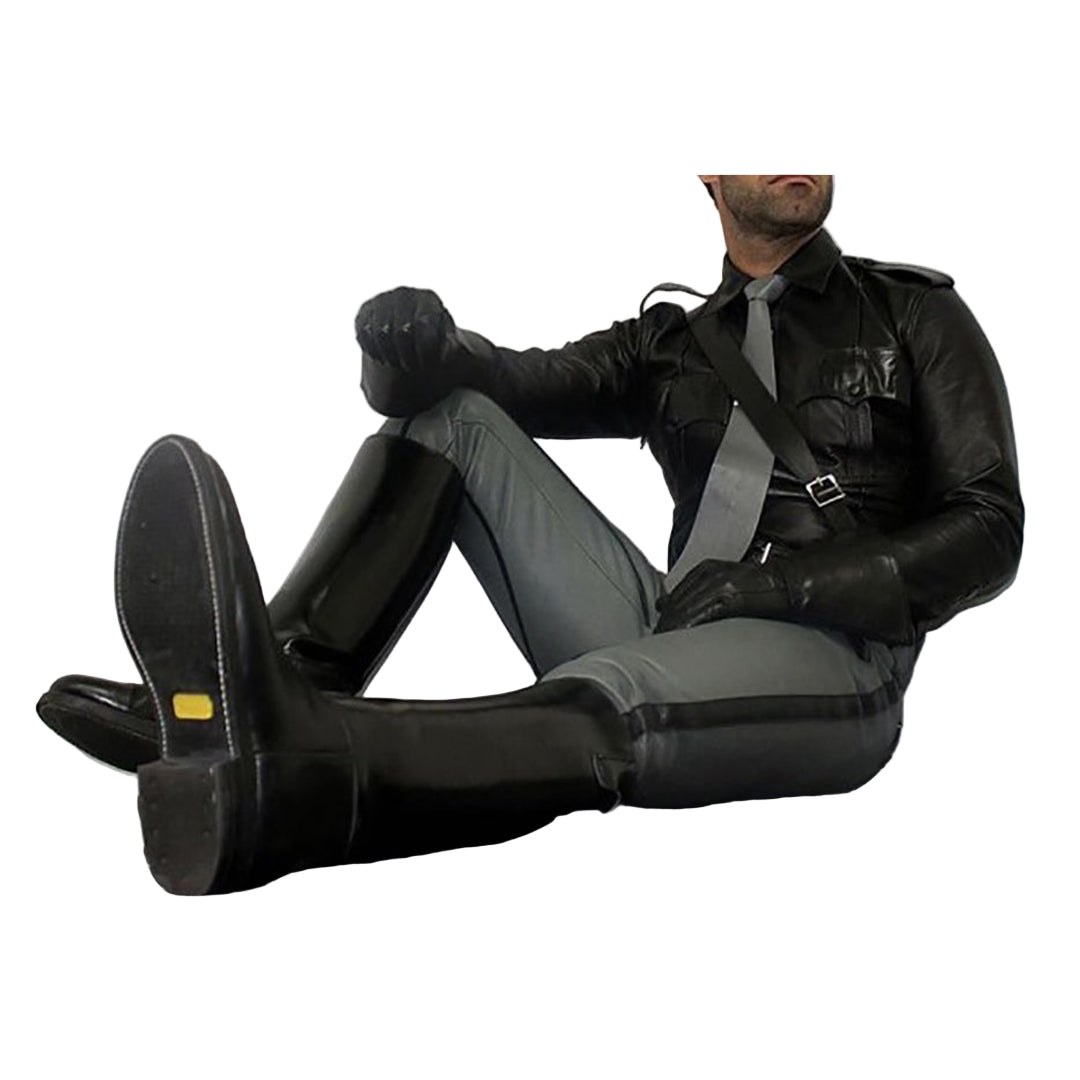 Men’s Real Leather Police Outfit – Grey & Black Leather Shirt and Pants Set