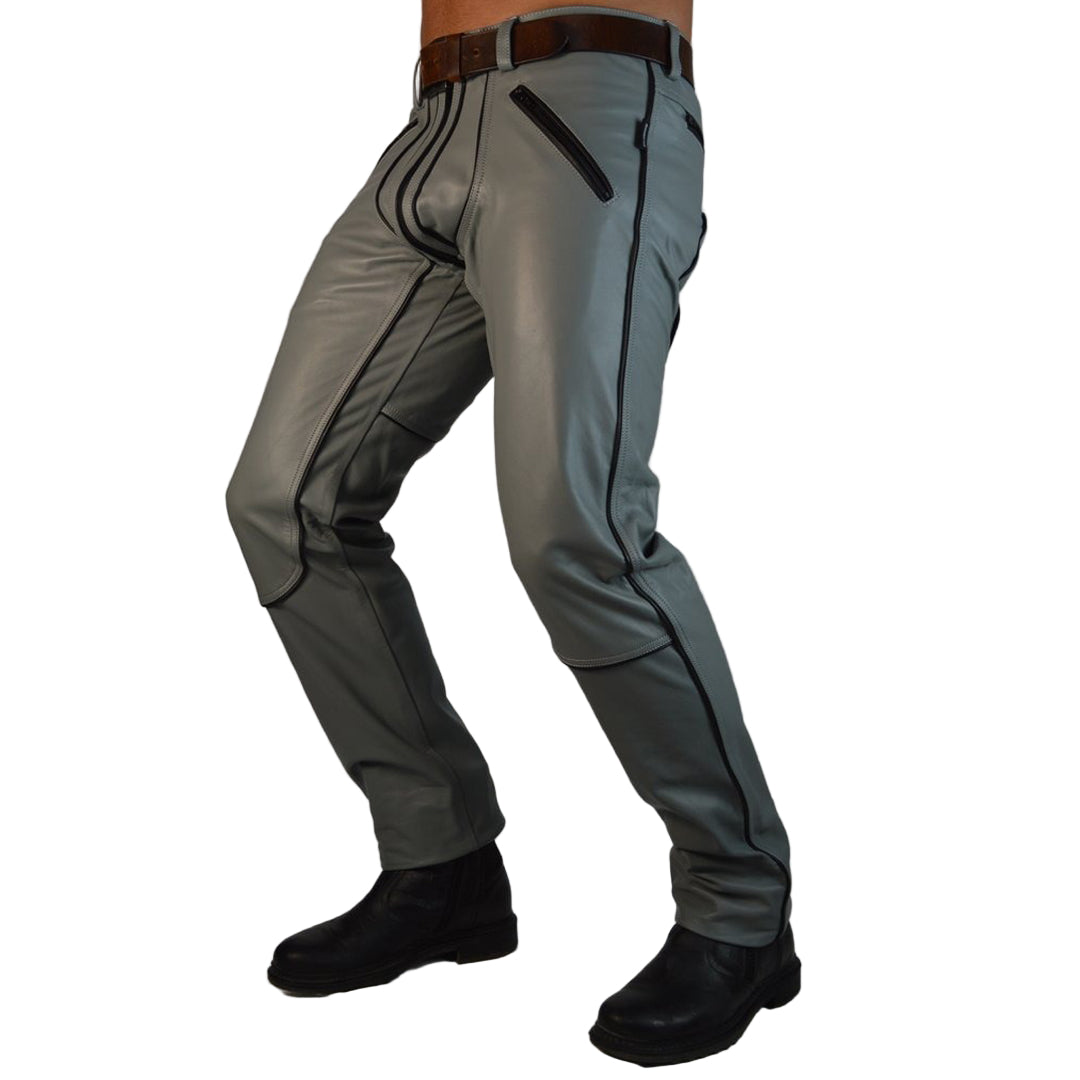 Men’s Real Leather Police Outfit – Grey & Black Leather Shirt and Pants Set