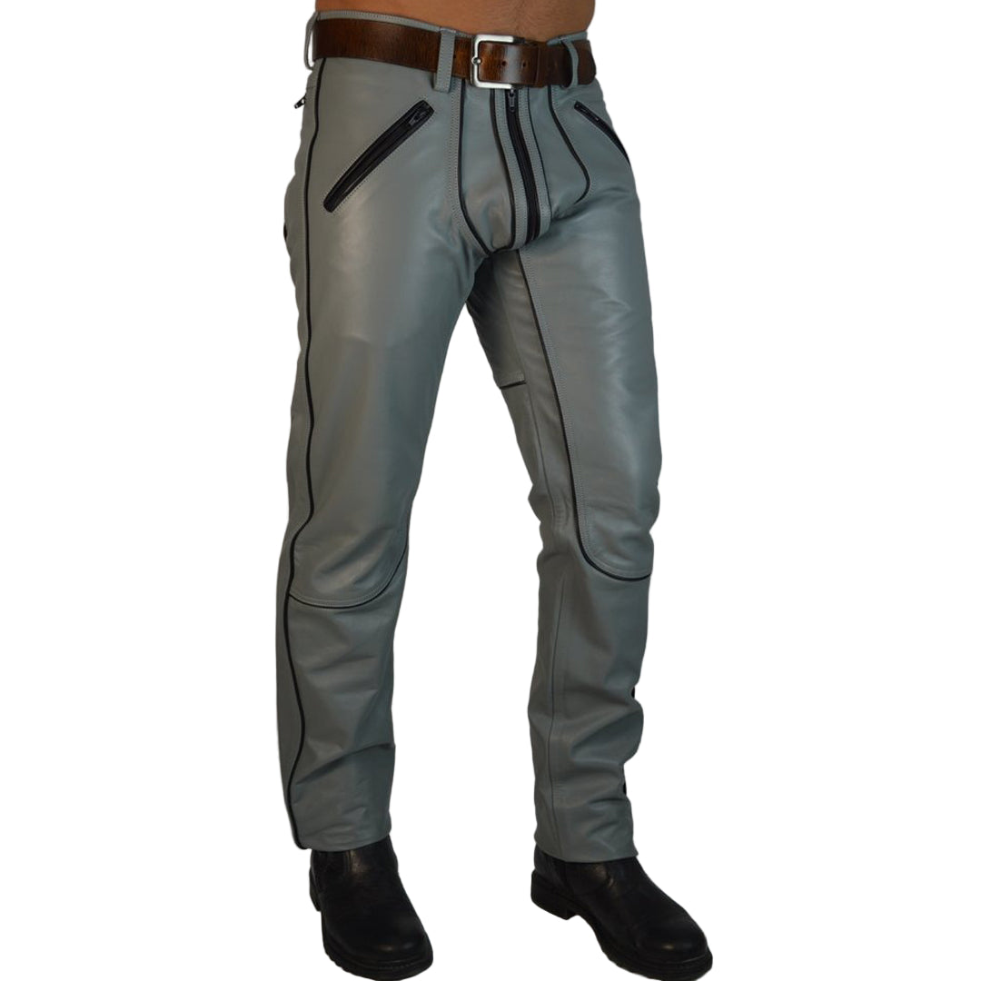 Men’s Real Leather Police Outfit – Grey & Black Leather Shirt and Pants Set