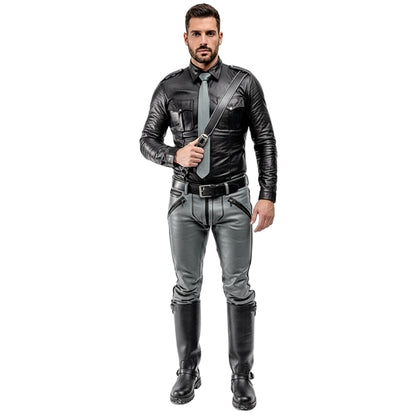 Men’s Real Leather Police Outfit – Grey & Black Leather Shirt and Pants Set