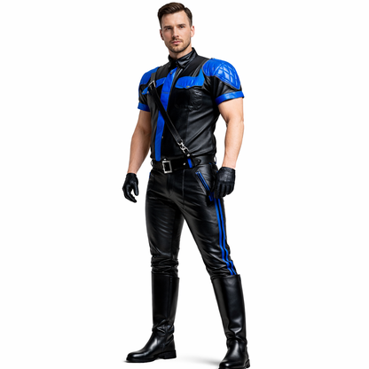 Men's Real Leather Police Shirt & Quilted Pants Set – Royal Blue & Black