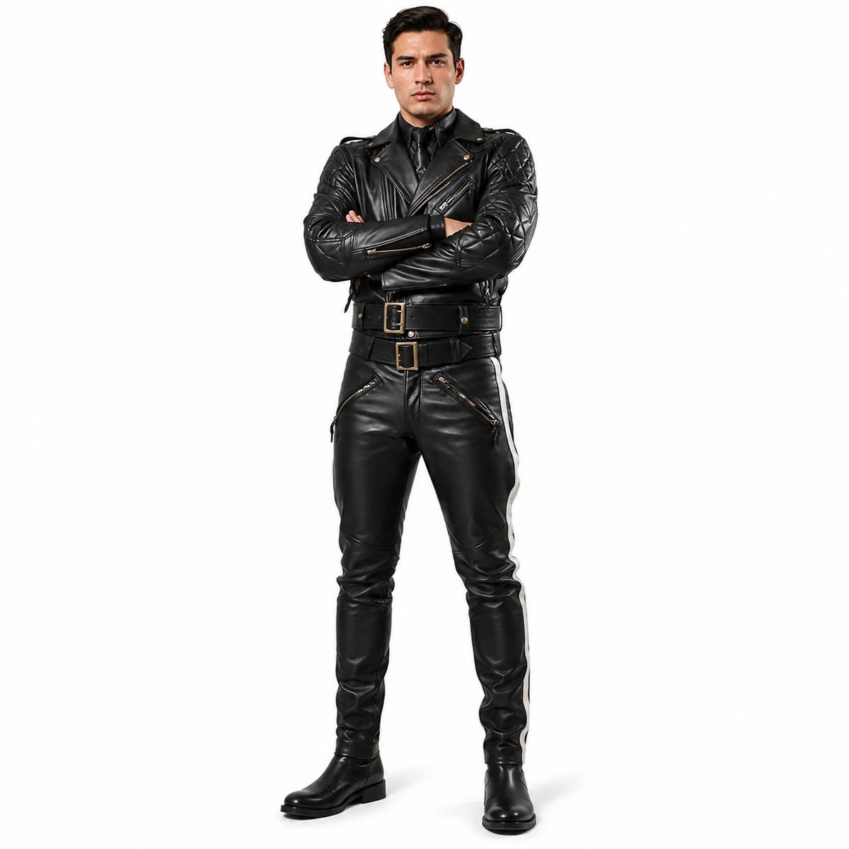 Men's black leather biker jacket and trouser set - front view on model