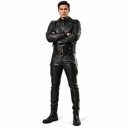 Men's black leather biker jacket and trouser set - front view on model