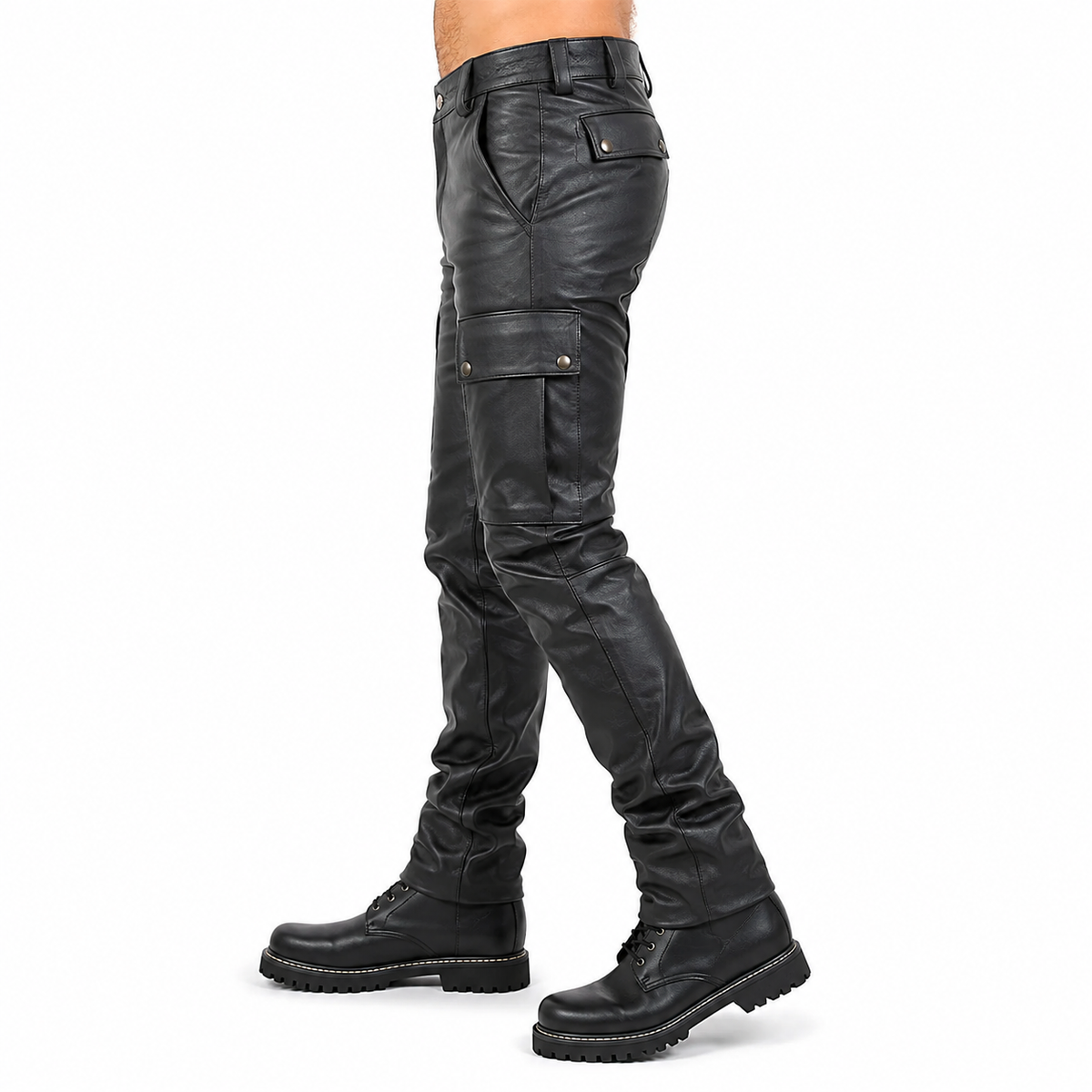 Side angle of men's leather cargo pants in motion showing fit and leg tailoring