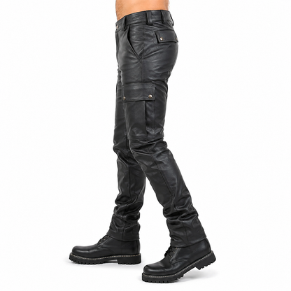 Side angle of men's leather cargo pants in motion showing fit and leg tailoring