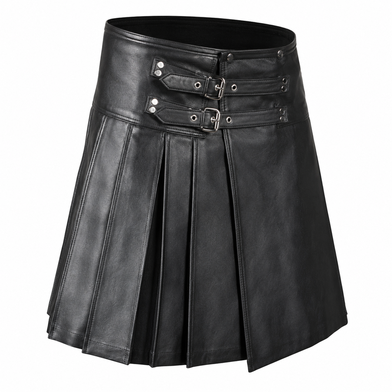 Front view of men's black leather kilt with silver buckle closures