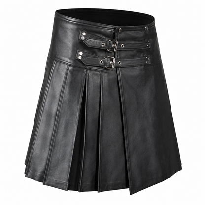 Front view of men's black leather kilt with silver buckle closures