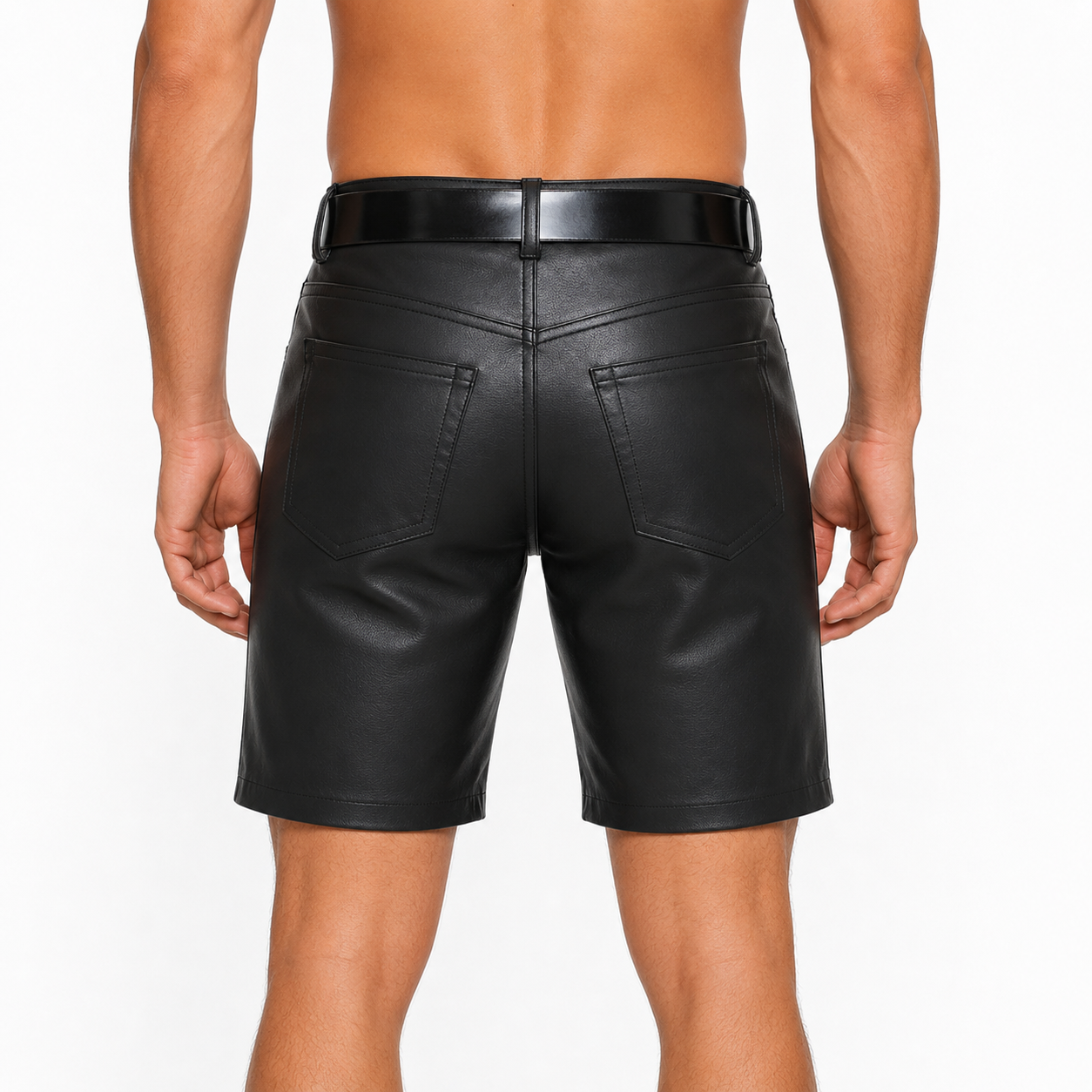 Back view of black leather shorts showing pocket stitching 