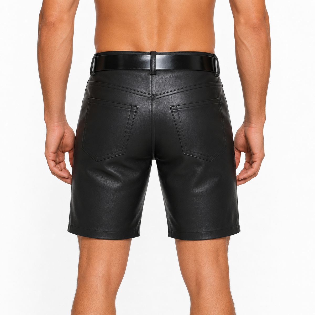 Back view of black leather shorts showing pocket stitching 