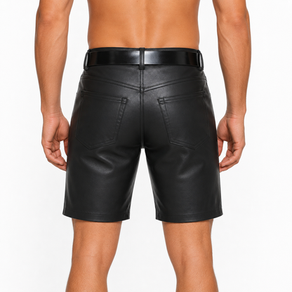 Back view of black leather shorts showing pocket stitching 