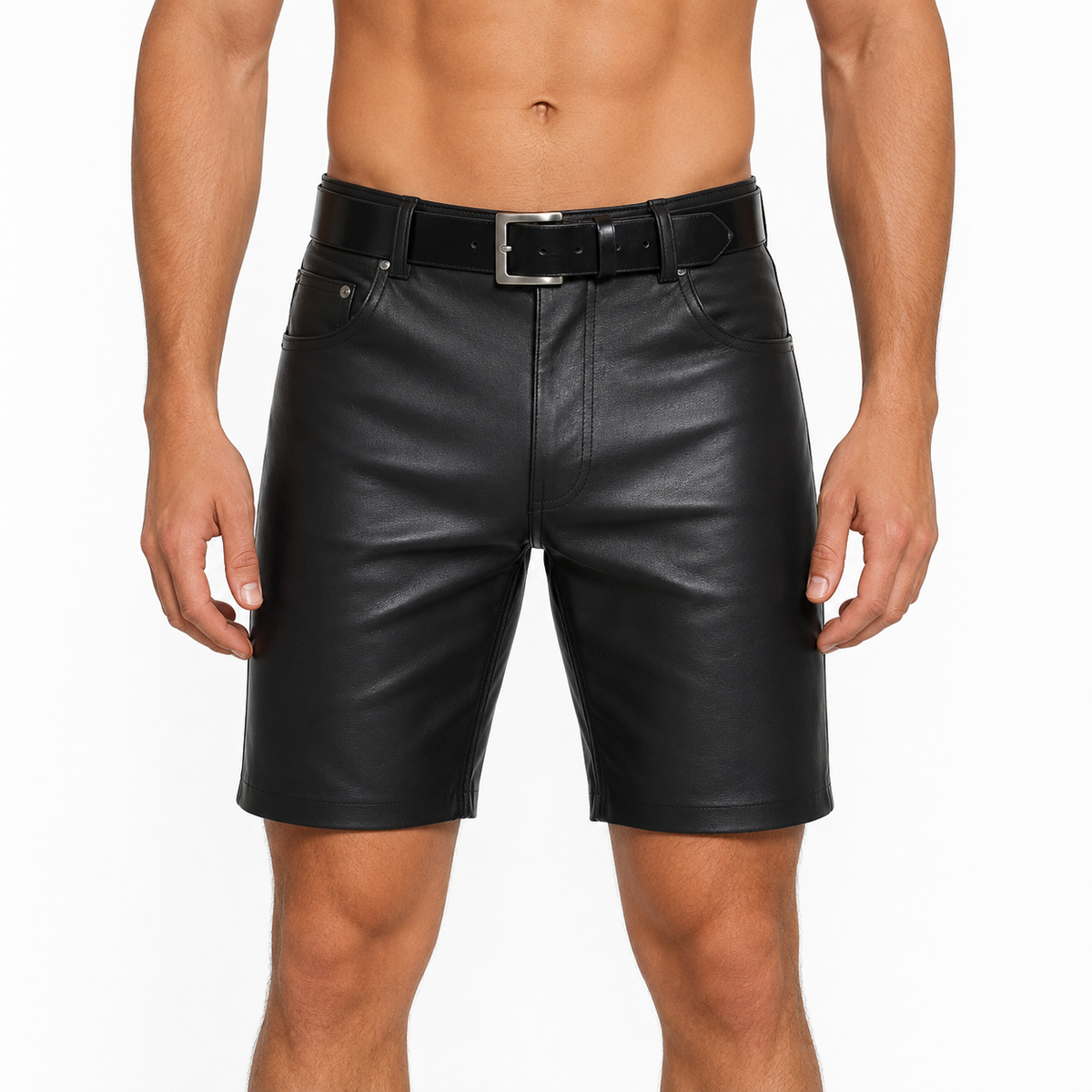 Front view of black leather  shorts with silver buckle on male model, studio white background