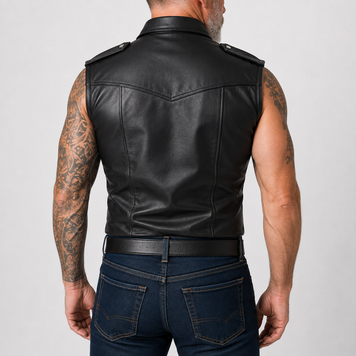 Back view of men's black sleeveless leather shirt showing seam paneling