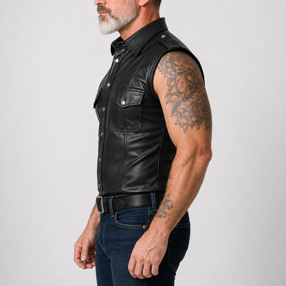 Side view of men's black sleeveless leather uniform shirt showing fitted silhouette